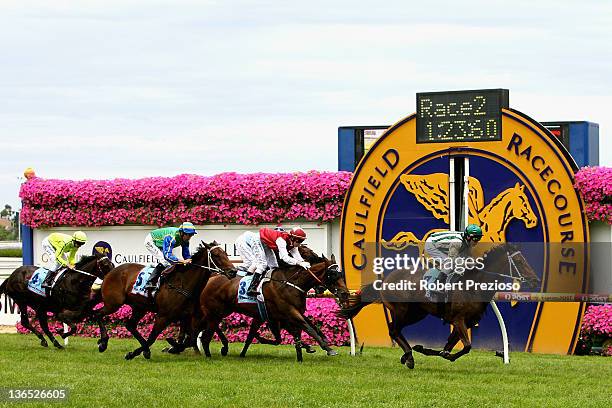 Ben Melham riding Total Attraction crosses the line to win race Two Ian Miller Handicap during the Privileges Raceday at Caulfield Racecourse on...