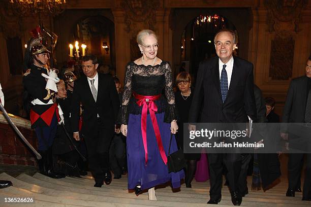 Queen Margrethe of Denmark and French Minister for Culture Frederic Mitterrand attend 'Napoli' Premiere by Danish Royal Ballet at Opera Garnier on...