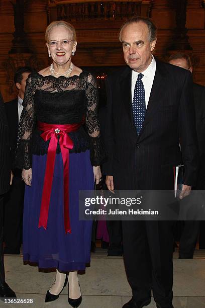 Queen Margrethe of Denmark and French Minister for Culture Frederic Mitterrand attend 'Napoli' Premiere by Danish Royal Ballet at Opera Garnier on...