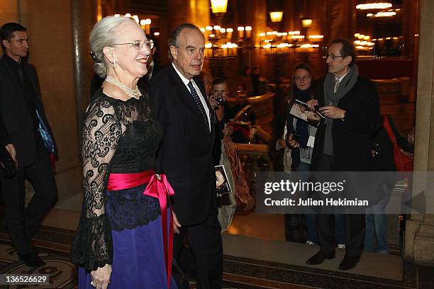 Queen Margrethe of Denmark and French Minister for Culture Frederic Mitterrand attend 'Napoli' Premiere by Danish Royal Ballet at Opera Garnier on...