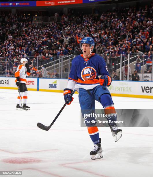 Brock Nelson of the New York Islanders celebrates his second period goal against the Philadelphia Flyers at the UBS Arena on January 17, 2022 in...