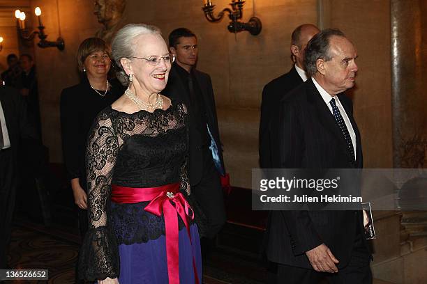 Queen Margrethe of Denmark and French Minister for Culture Frederic Mitterrand attend 'Napoli' Premiere by Danish Royal Ballet at Opera Garnier on...