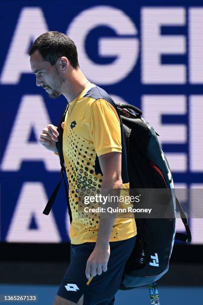 Gianluca Mager of Italy walk onto court in his first round singles match against Andrey Rublev of Russia during day two of the 2022 Australian Open...