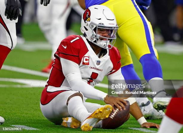 Kyler Murray of the Arizona Cardinals reacts in the second quarter of the game against the Los Angeles Rams in the NFC Wild Card Playoff game at SoFi...