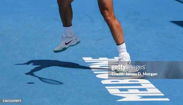 The feet of Rafael Nadal of Spain on his practice court during day two of the 2022 Australian Open at Melbourne Park on January 18, 2022 in...