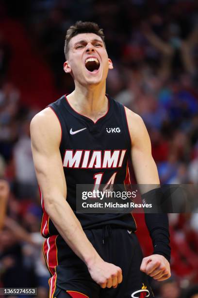 Tyler Herro of the Miami Heat celebrates a basket against the Toronto Raptors during the second half at FTX Arena on January 17, 2022 in Miami,...