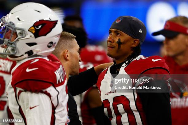 Marco Wilson of the Arizona Cardinals reacts after a loss to the Los Angeles Rams 34-11 in the NFC Wild Card Playoff game at SoFi Stadium on January...