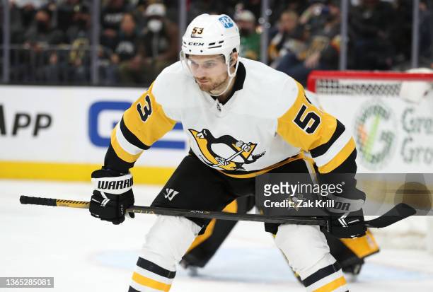 Teddy Blueger of the Pittsburgh Penguins skates during the second period of a game against the Vegas Golden Knights at T-Mobile Arena on January 17,...