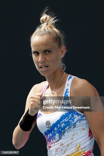 Arantxa Rus of the Netherlands celebrates after winning a point in his first round singles match against Tamara Zidansek of Slovakia during day two...