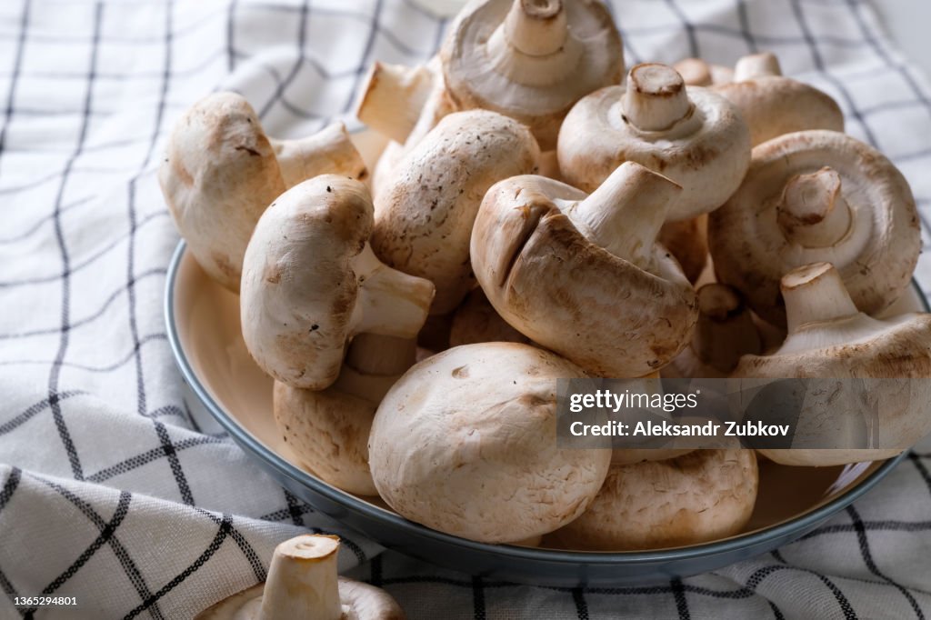 A bunch of whole raw fresh mushrooms in a plate, on a white table or background. Mushrooms are like vegetable protein. The concept of vegetarian and vegan food and diet. Veganism and vegetarianism. Cooking at home or in a restaurant.