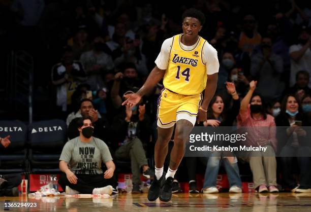Stanley Johnson of the Los Angeles Lakers reacts to a play during the fourth quarter against the Utah Jazz at Crypto.com Arena on January 17, 2022 in...