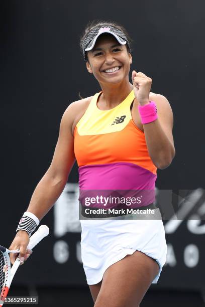 Heather Watson of Great Britain celebrates winning her first round singles match against Mayar Sherif of Egypt during day two of the 2022 Australian...