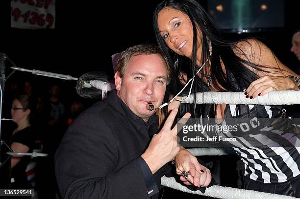 Tareq Salahi blows a referee's whistle at the 2012 Lingerie Female Pillow Fighting Championships at The Deck at Harbor Pointe January 6, 2012 in...