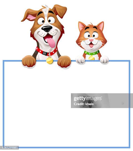 cat and dog peeking over blank white sign - cat tongue stock illustrations