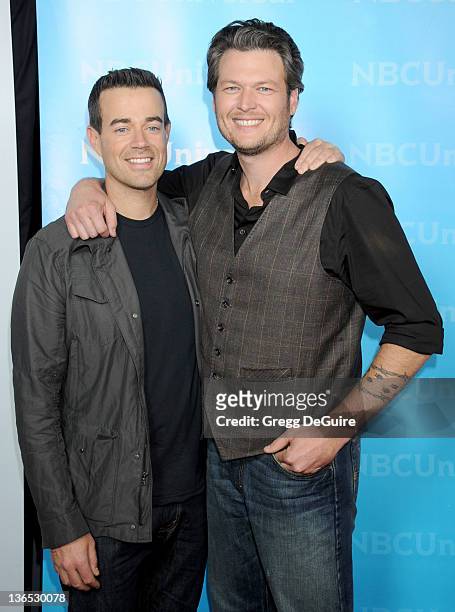 Carson Daly and musician Blake Shelton arrive at the 2012 NBC TCA Winter All-Star Party at The Athenaeum on January 6, 2012 in Pasadena, California.