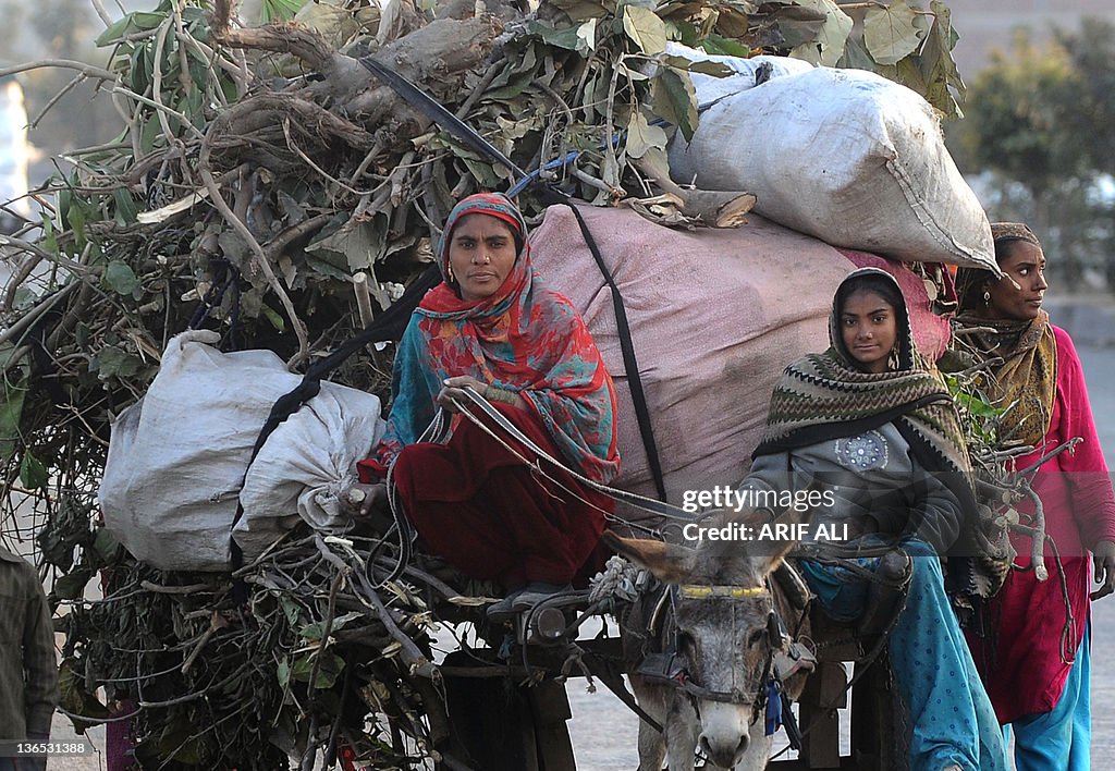 Pakistani women ride a donkey cart loade