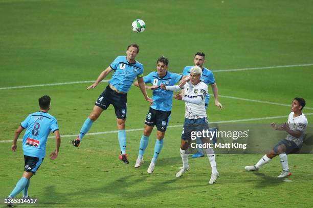 Alexander Wilkinson of Sydney FC heads the ball during the FFA Cup Semi Final match between Sydney FC and Central Coast Mariners at Netstrata Jubilee...