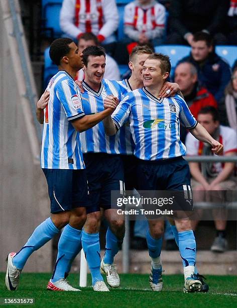 Gary McSheffrey of Coventry City celebrates his opening goal during the FA Cup 3rd round match between Coventry City and Southampton at the Ricoh...