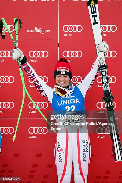 Elisabeth Goergl of Austria takes 1st place during the Audi FIS Alpine Ski World Cup Women's Downhill on January 7, 2012 in Bad Kleinkirchheim,...