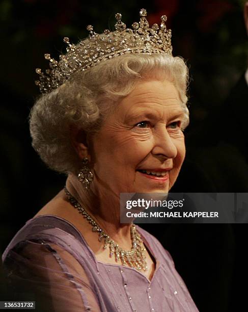 Britain's Queen Elizabeth II is pictured prior to a state banquet at the Zeughaus Palace, 02 November 2004 in Berlin. The queen is on a three-day...