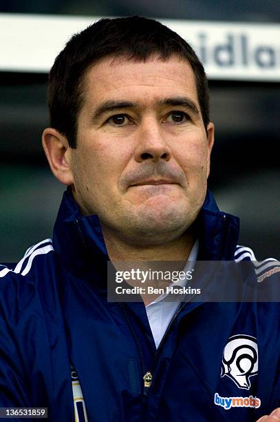 Derby manager Nigel Clough looks on prior to the FA Cup sponsored by Budweiser Third Round match between Derby County FC and Crystal Palace FC at...