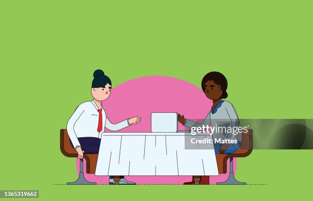 asian businesswoman and african american businesswoman attending a casual business meeting at a restaurant. colorful illustration with flat design and bright green and pink background. - business woman movement dynamic stock illustrations