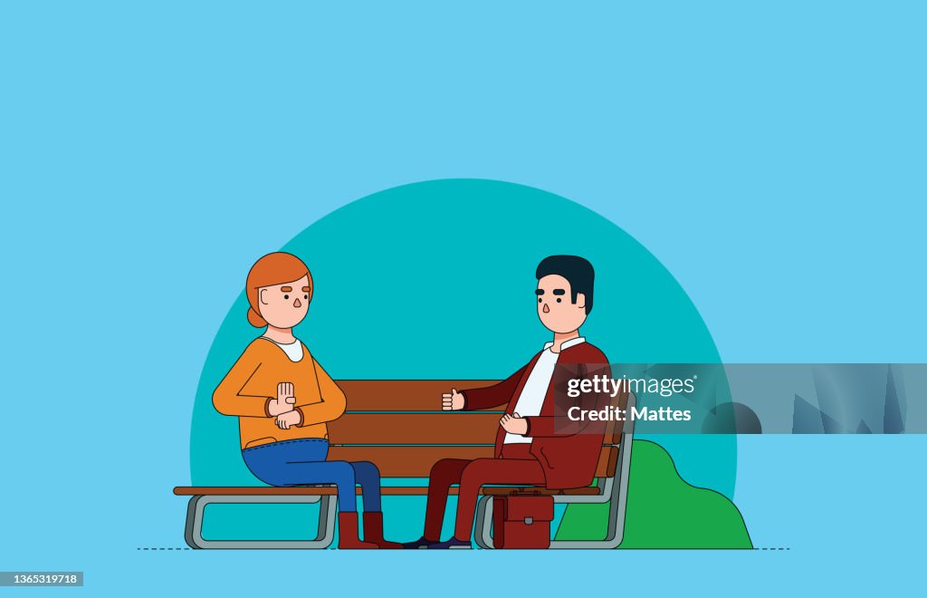 Mulher de negócios caucasiana e empresário participando de uma reunião de negócios casual em um parque. Pessoas de negócios se comunicando com a linguagem de sinais. Ilustração colorida com design plano e fundo azul e teal brilhante.