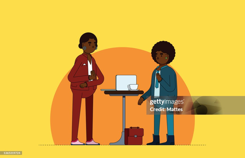 Mulheres de negócios afro-americanas participando de uma reunião de negócios casual em um espaço aberto. Pessoas de negócios se comunicando com a linguagem de sinais. Ilustração colorida com design plano e fundo amarelo e laranja brilhante.