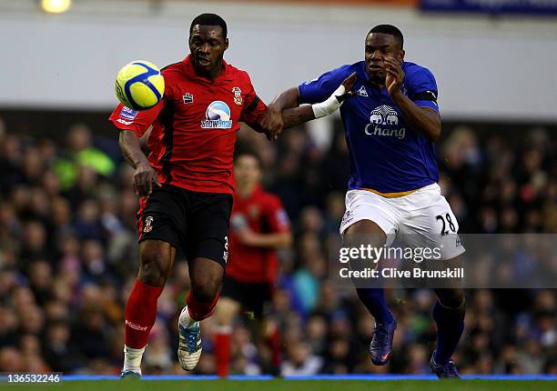 Victor Anichebe of Everton competes with Patrick Kanyuka of Tamworth during the FA Cup Third Round match between Everton and Tamworth at Goodison...
