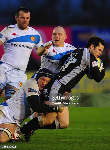 Falcons fullback Greg Goosen is stopped in his tracks by the Exeter forwards during the Aviva Premiership match between Newcastle Falcons and Exeter...