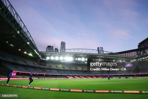 General view inside the stadium as Caleb Jewell of the Hurricane warms up between innings during the Men's Big Bash League match between the Hobart...