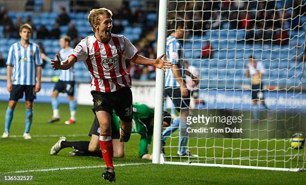 James Ward-Prowse of Southampton celebrates after scoring a goal during the FA Cup 3rd round match between Coventry City and Southampton at the Ricoh...