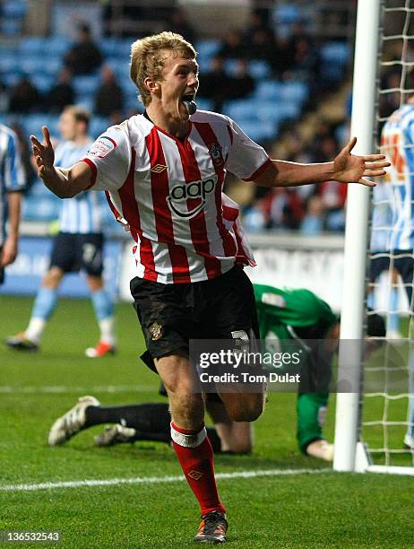 James Ward-Prowse of Southampton celebrates after scoring a goal during the FA Cup 3rd round match between Coventry City and Southampton at the Ricoh...