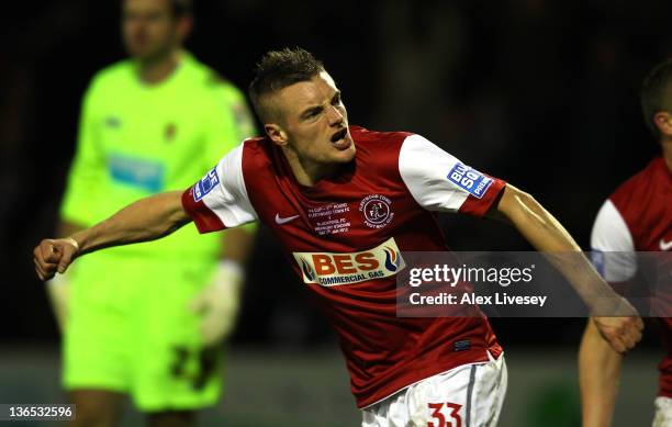 Jamie Vardy of Fleetwood Town celebrates after scoring his goal during the FA Cup sponsored by Budweiser third round match between Fleetwood Town and...