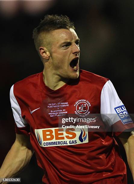 Jamie Vardy of Fleetwood Town celebrates after scoring his goal during the FA Cup sponsored by Budweiser third round match between Fleetwood Town and...