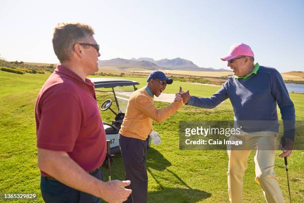 male golfers celebrating on sunny golf course - retirement celebration stock pictures, royalty-free photos & images