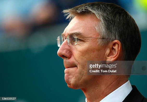 Manager of Southampton Nigel Adkins looks on prior to the FA Cup 3rd round match between Coventry City and Southampton at the Ricoh Arena on January...