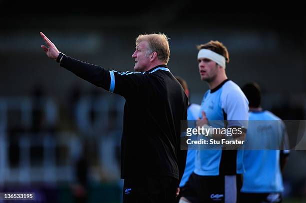 Falcons assistant coach Paul Moriarty reacts before the Aviva Premiership match between Newcastle Falcons and Exeter Chiefs at Kingston Park on...