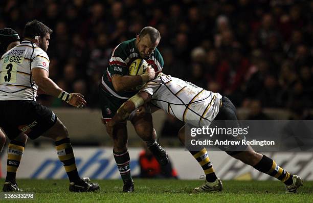George Chuter of Leicester Tigers takes on the Wasps defence during the Aviva Premiership match between Leicester Tigers and London Wasps at Welford...