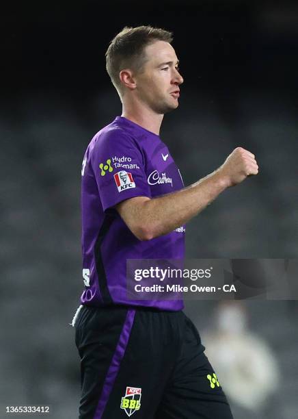 Tom Rogers of the Hurricane celebrates after dismissing James Seymour of the Renegades during the Men's Big Bash League match between the Hobart...