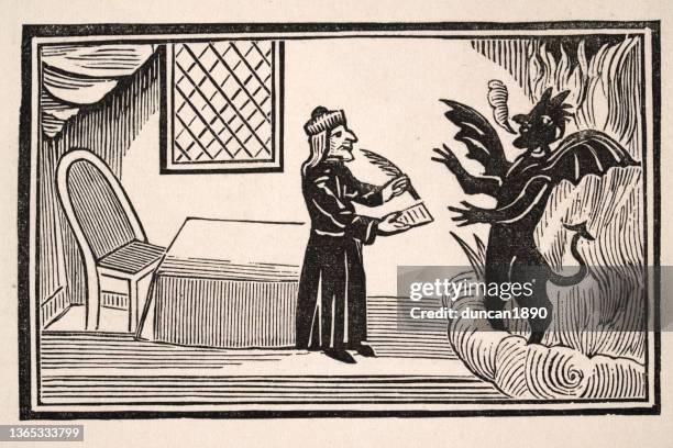 stockillustraties, clipart, cartoons en iconen met faust, doctor john faustus, signing a deal with the devil - duivel