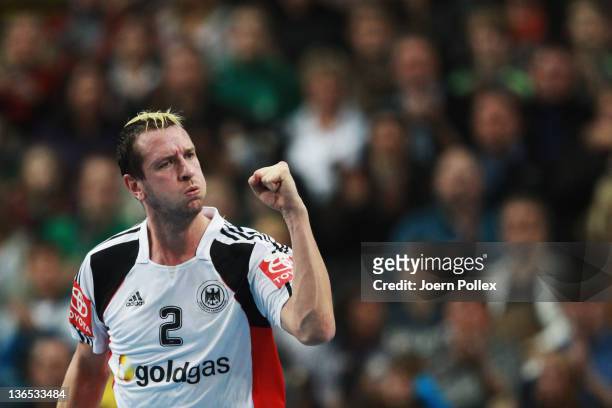 Pascal Hens of Germany celebrates during the International handball friendly match between Germany and Hungary at OeVB Arena on January 7, 2012 in...