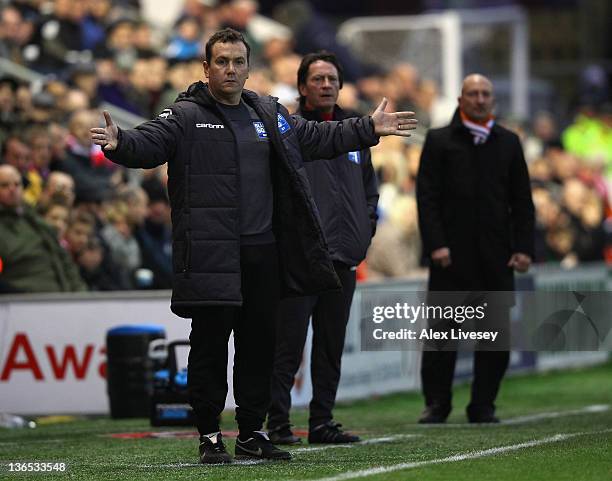 Micky Mellon the manager of Fleetwood Town reacts during the FA Cup sponsored by Budweiser third round match between Fleetwood Town and Blackpool at...