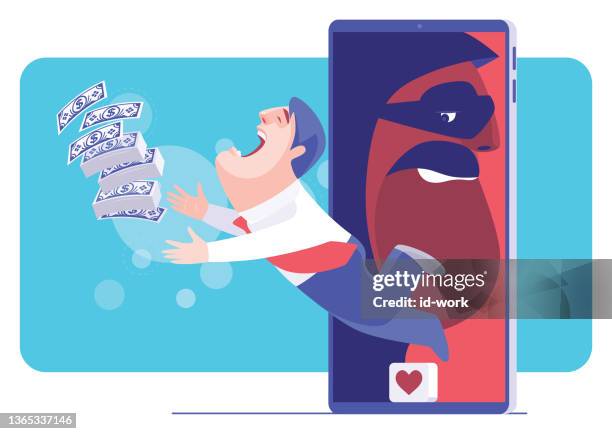 businessman falling down while kicking love icon from smartphone - romance fraud stock illustrations