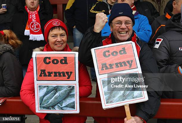 Fleetwood Town fans show their support prior to the FA Cup sponsored by Budweiser third round match between Fleetwood Town and Blackpool at Highbury...