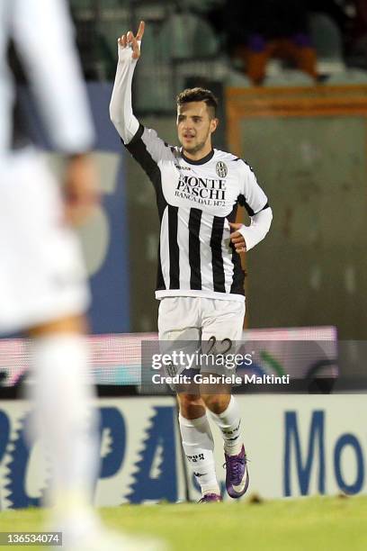 Mattia Destro of AC Siena celebrates after scoring a goal during the Serie A match between AC Siena and SS Lazio at Artemio Franchi - Mps Arena...