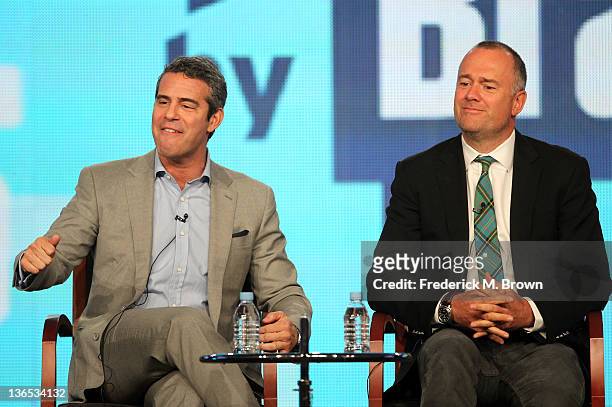 Host/executive producer Andy Cohen and executive producer Michael Davies speak onstage during the 'Watch What Happens: Live' panel during the Bravo...