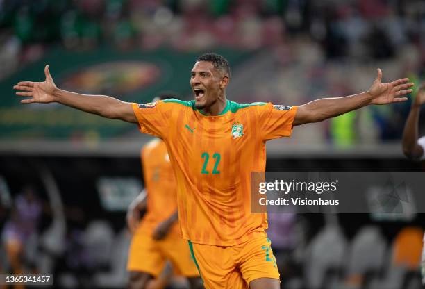 Of Ivory Coast celebrates NICOLAS PÉPÉ's goal during the Group E Africa Cup of Nations 2021 match between Ivory Coast and Sierra Leone at Stade de...