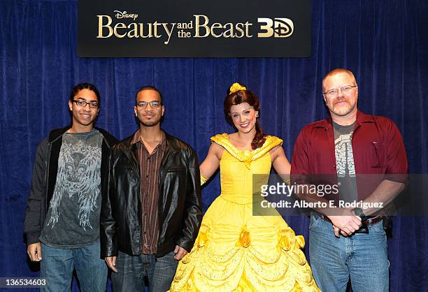 Nathan Arthur Trousdale, Calvin Lawrence Trousdale, and Director Gary Trousdale pose with Belle at a Special Screening of Beauty and the Beast 3D at...