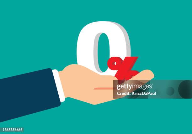 businessman hand show zero percent. interest rate financial and mortgage rates concept. - noughts stock illustrations